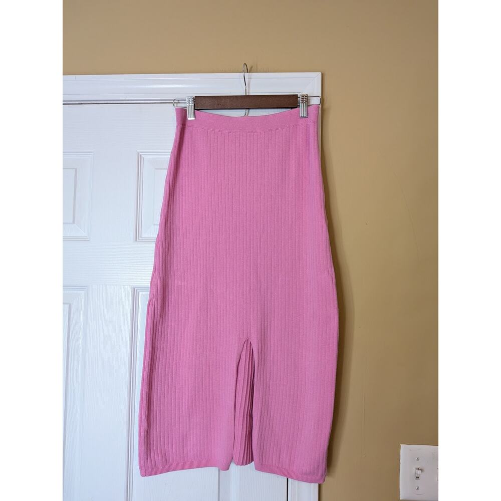 Free People Skyline Midi Skirt Size Large Pink Ribbed Knit Slit Preppy Bohemian - Picture 2 of 8